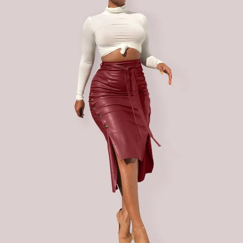 Cozy Outfit Belted Leather Pencil Midi Skirt with Slit