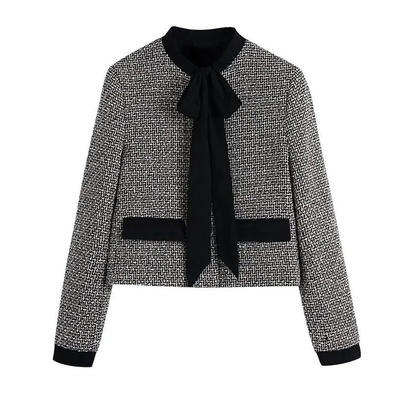 Soft Textures Elegant Bow Tied Women Tweed Jacket