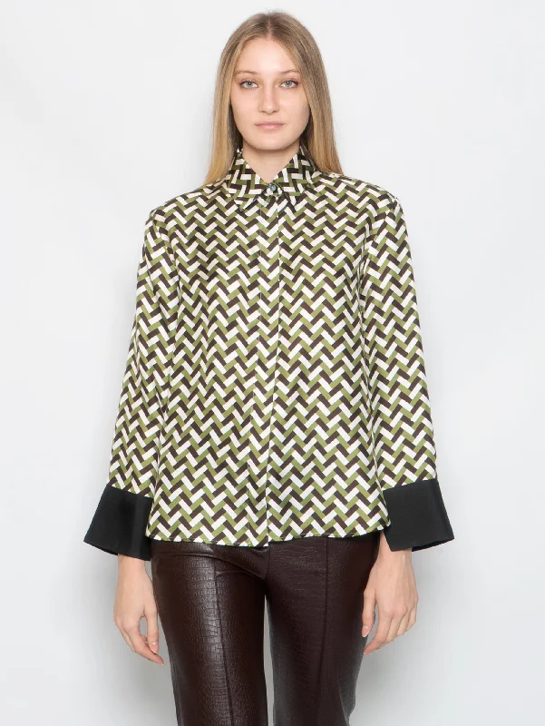 Relaxed Fits Camicia in Seta Stampa Geometrica Verde