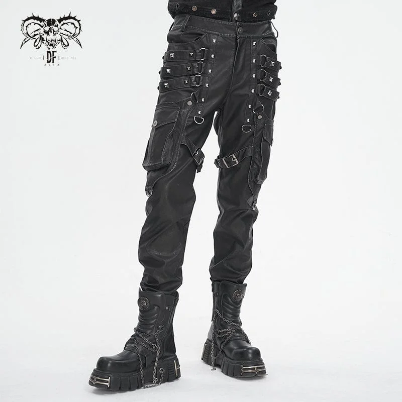 Comfortable Jeans Men's Gothic Big-pocket Sliver Studded Faux Leather Pants