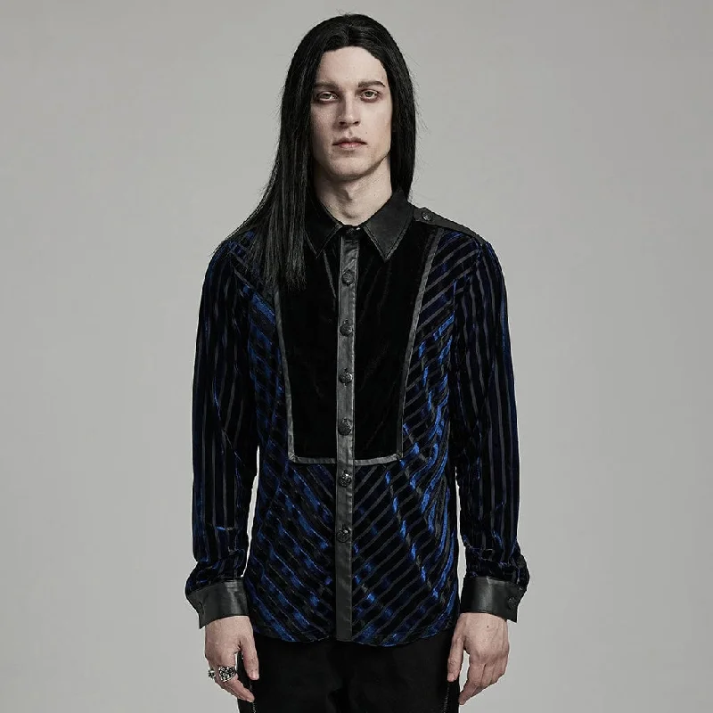Classic Men's Gothic Contrast Color Faux Leather Splice Velvet Shirt