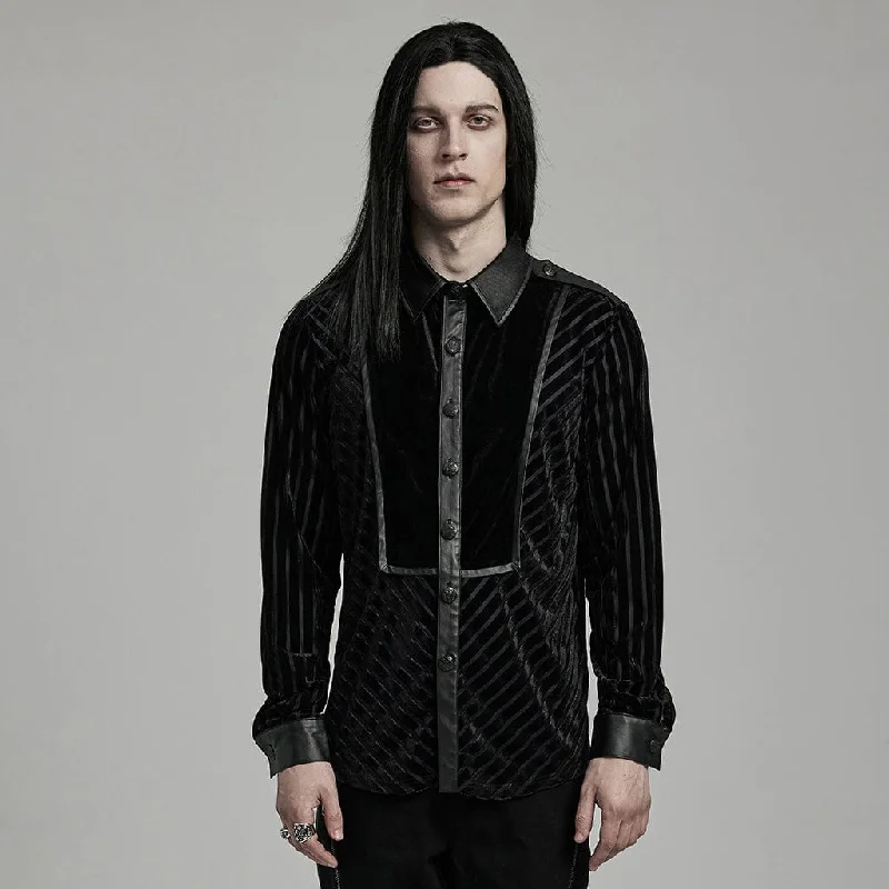 Bright Colors Men's Gothic Faux Leather Splice Striped Velvet Shirt