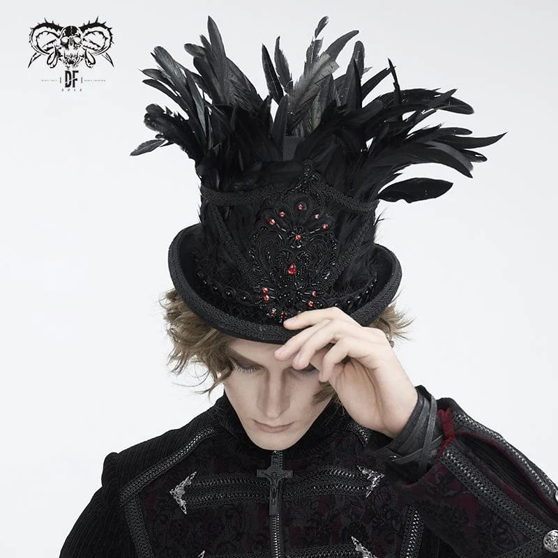 Relaxed Weekend Wear Men's Gothic Floral Embroidered Feather Top Hat