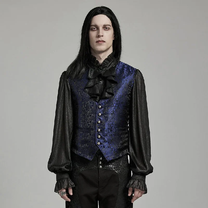 Unique Design Men's Gothic Floral Jacquard Lace-up Black Blue Vest