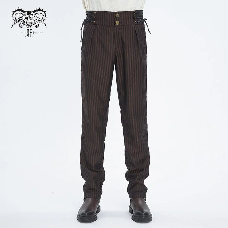 Versatile Style Men's Gothic High-waisted Lace-up Striped Coffee Pants