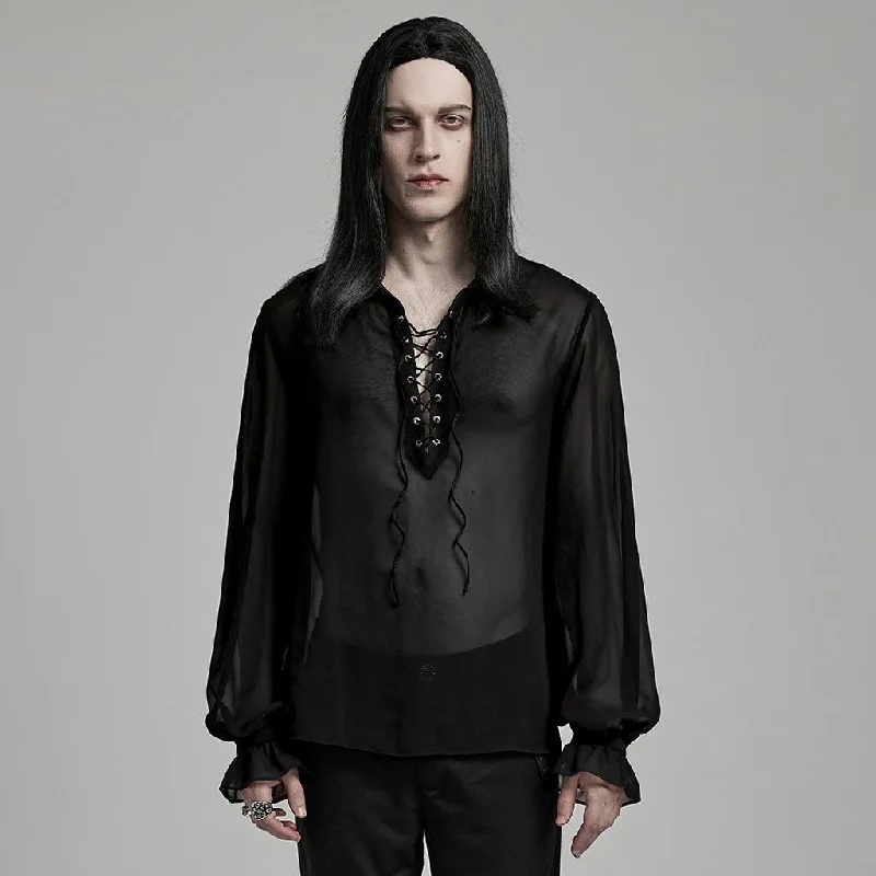 Bottom And Versatile Men's Gothic Lantern Sleeved Lace-up Sheer Chiffon Shirt