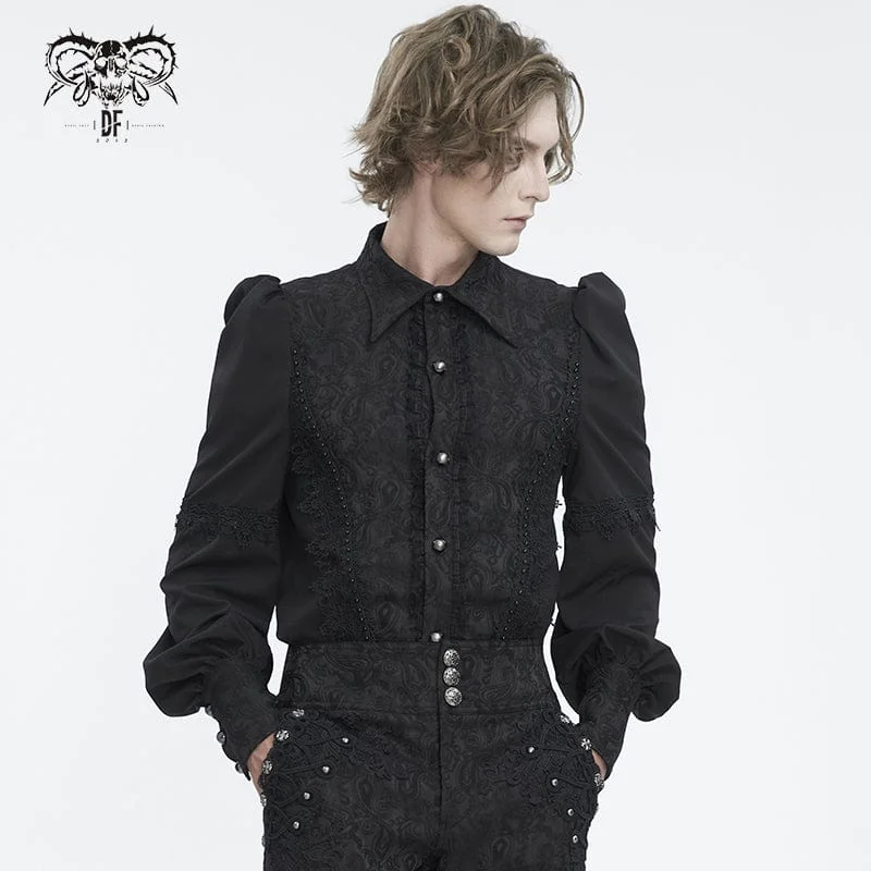 Luxe Comfort Men's Gothic Puff Sleeved Jacquard Splice Shirt