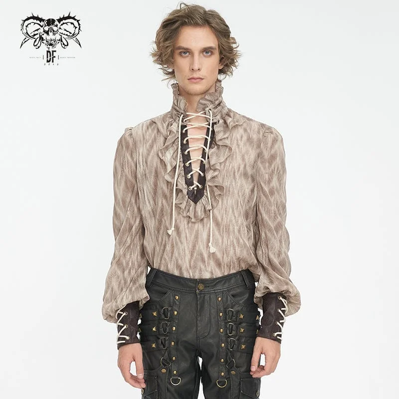 Effortless Elegance Men's Gothic Ruffled Stand Collar Lace-up Coffee Shirt