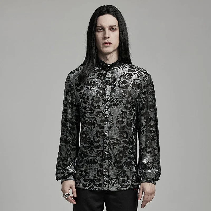 Carefree Men's Gothic Stand Collar Flocking Black Grey Shirt