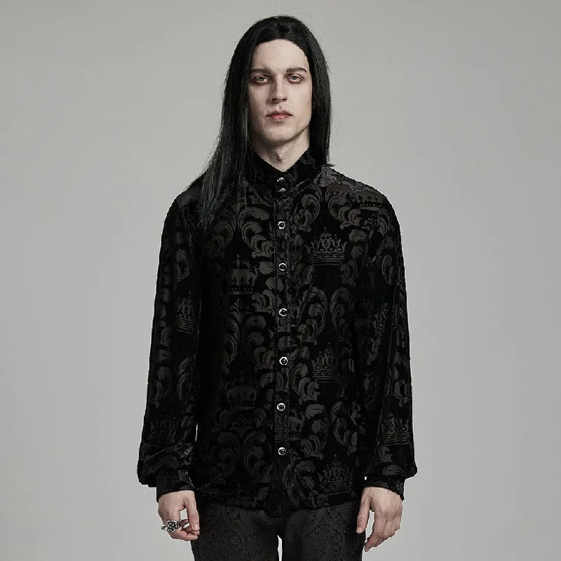 Thin Design Men's Gothic Stand Collar Puff Sleeved Flocking Shirt