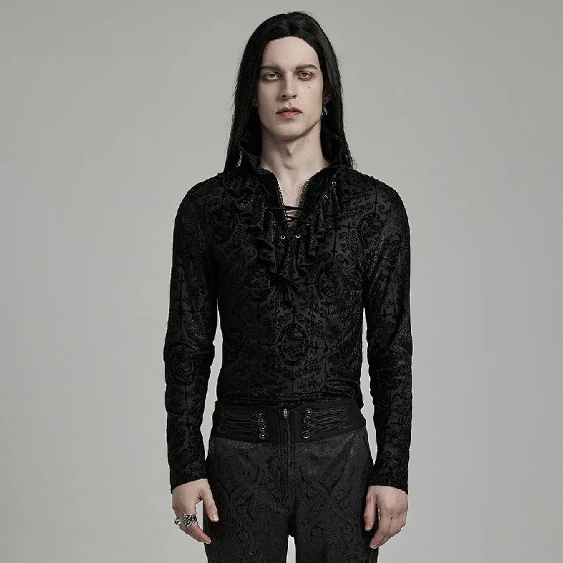 Fresh And Natural Men's Gothic Stand Collar Ruffled Flocking Shirt