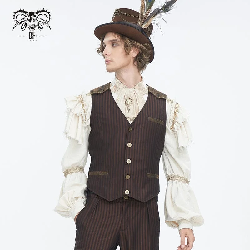 Elegant Outline Men's Gothic Striped Faux Leather Splice Coffee Vest