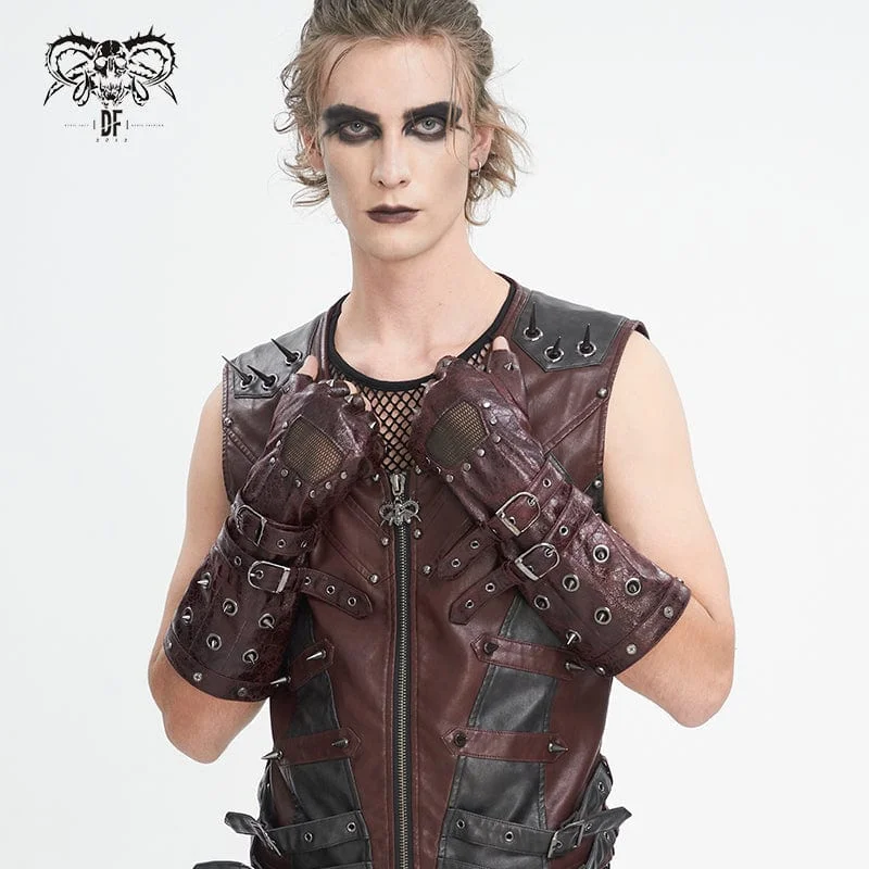 Comfy Chic Wear Men's Gothic Studded Mesh Splice Red Half-finger Gloves