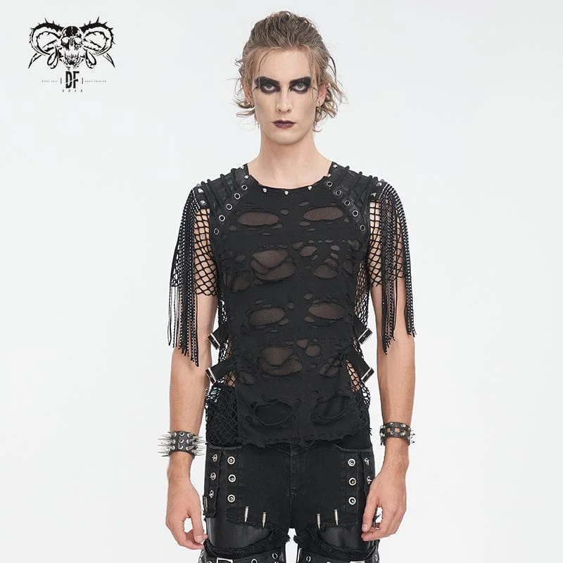 Soft Textures Men's Punk Ripped Tassels Mesh Splice T-shirt