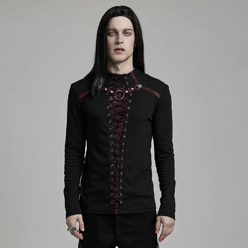 Spring Fashion Men's Punk Strappy Mesh Splice Black Red Shirt