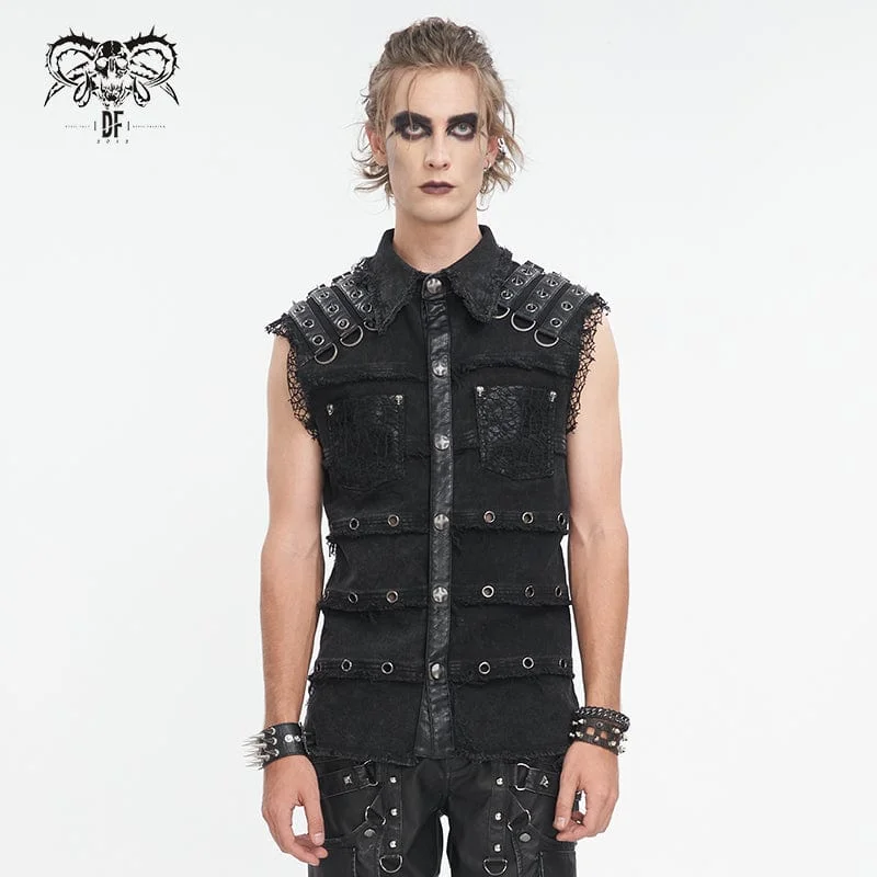 Cozy Dress Men's Punk Studded Distressed Unedged Vest