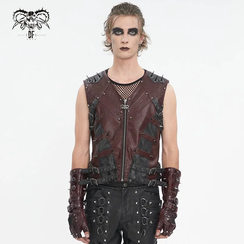 Stylish Comfort Men's Punk Studded Red Faux Leather Vest