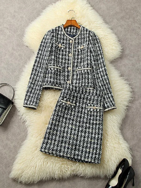 New Autumn And Winter Styles Multi-Pockets Vintage Tweed Skirt Suit
