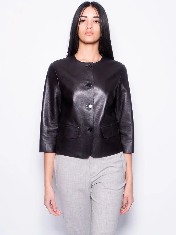 Relaxed Looks Giacca in Pelle con Scollo Tondo Nero
