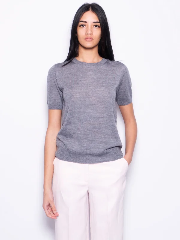 Comfortable Tops Maglia in Misto Lana con Maniche Corte Grigio Mélange Chiaro