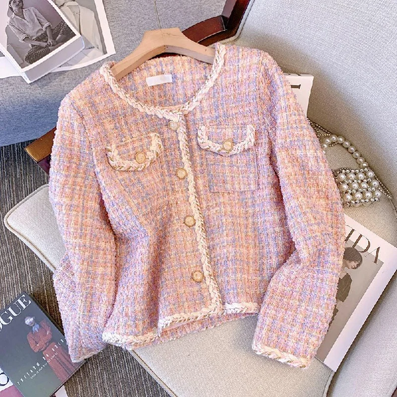 Simple And Comfortable Pink Plaid Tweed Jacket