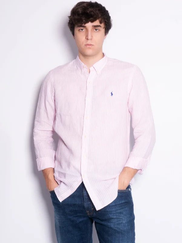 Eye-catching Personality Camicia in Lino a Righe Slim Fit Rosa/Bianco