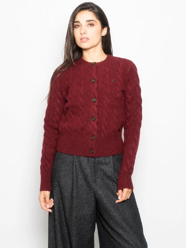 Effortless Wear Cardigan a Trecce con Chiusura Smerlata Bordeaux