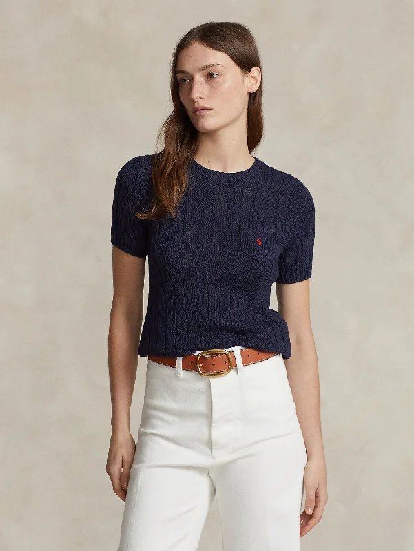 Effortless Outfits Maglia a Trecce con Maniche Corte Blu