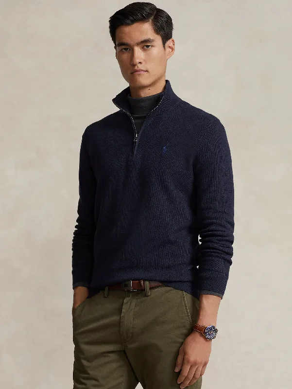 Timeless Style Maglia in Piqué Mezza Zip in Cotone Blu