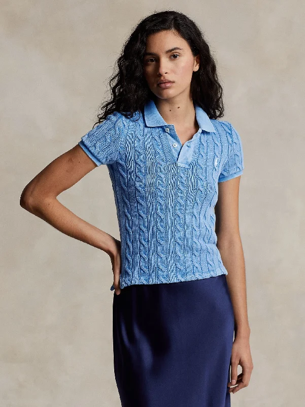 Feminine Charm Polo in Maglia a Trecce Slim Fit Blu