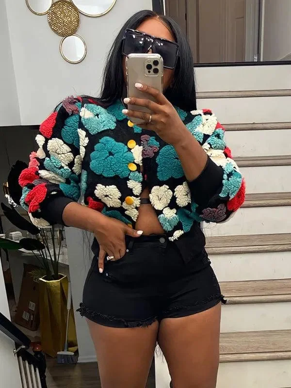 Hooded design Women Embroidered Flower Short Jacket