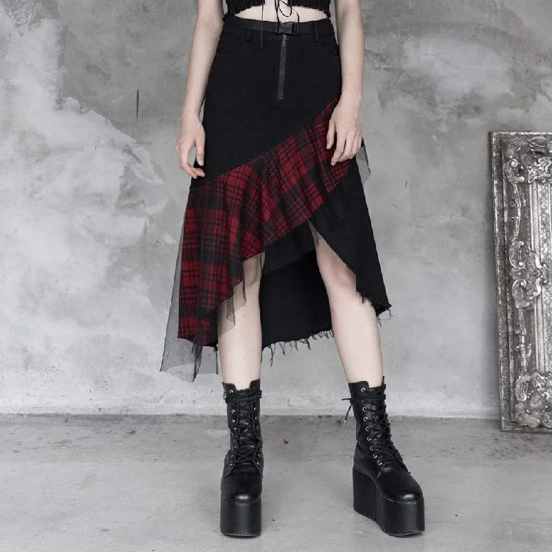 Warm Winter Series Women's Goth Front Zip High-waisted Plaid Irregular Skirt