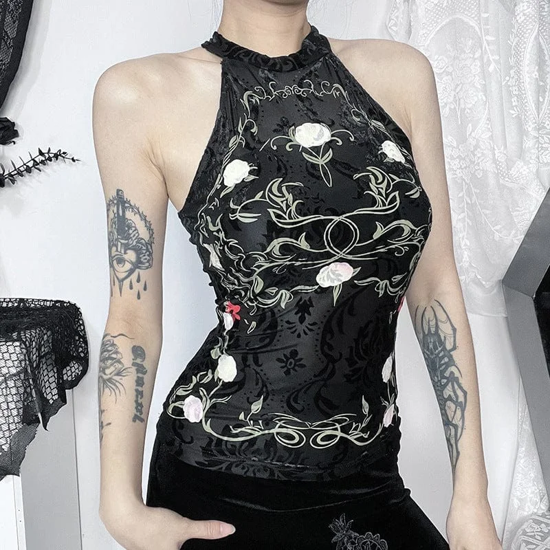 Street Fashion Women's Gothic Halterneck Floral Flocking Tank Top