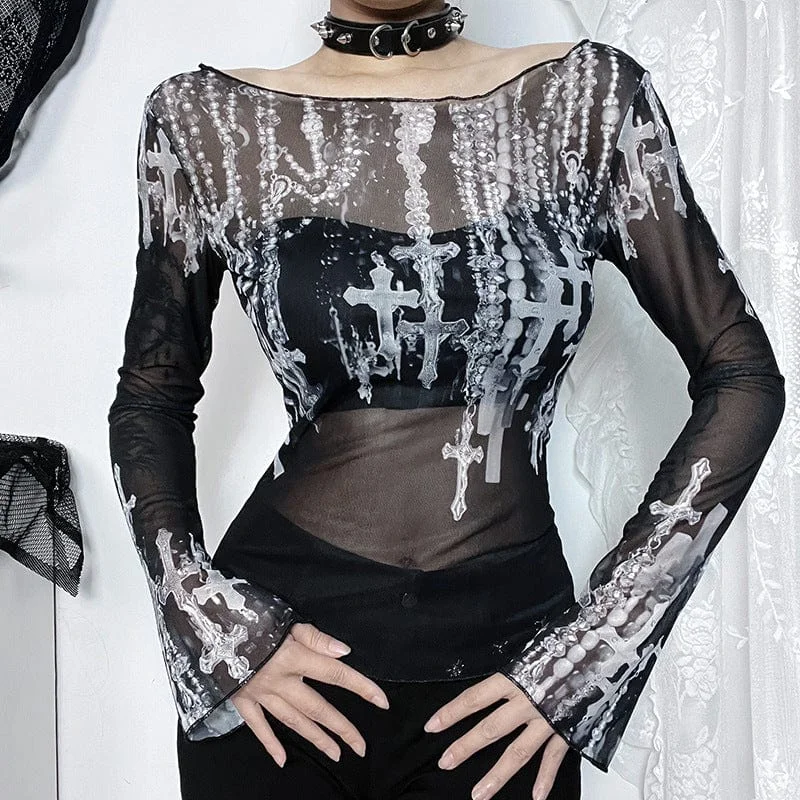 Celebrity Style Women's Gothic Off-the-shoulder Cross Printed Mesh Shirt