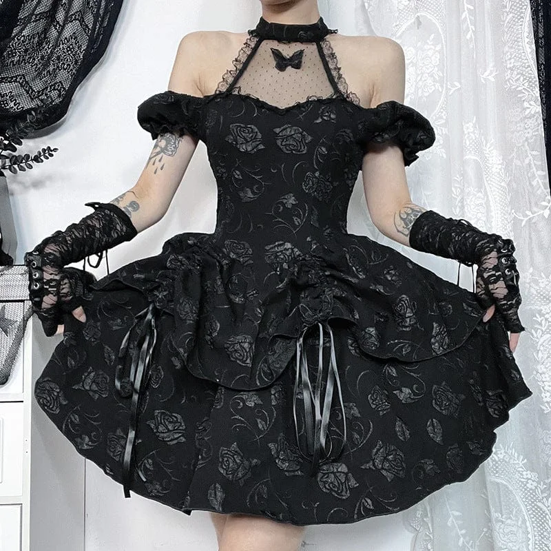 Elegant And Lazy Women's Gothic Off-the-shoulder Rose Layered Party Dress