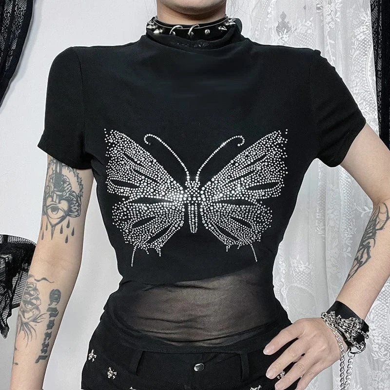 Classic Items Women's Punk Butterfly Rhinestone Mesh Splice Shirt