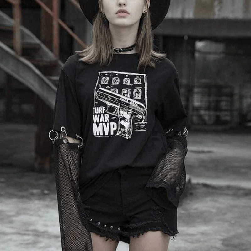 Party Wear Women's Punk Printed Loose Black T-Shirt With Detachable Sleeves