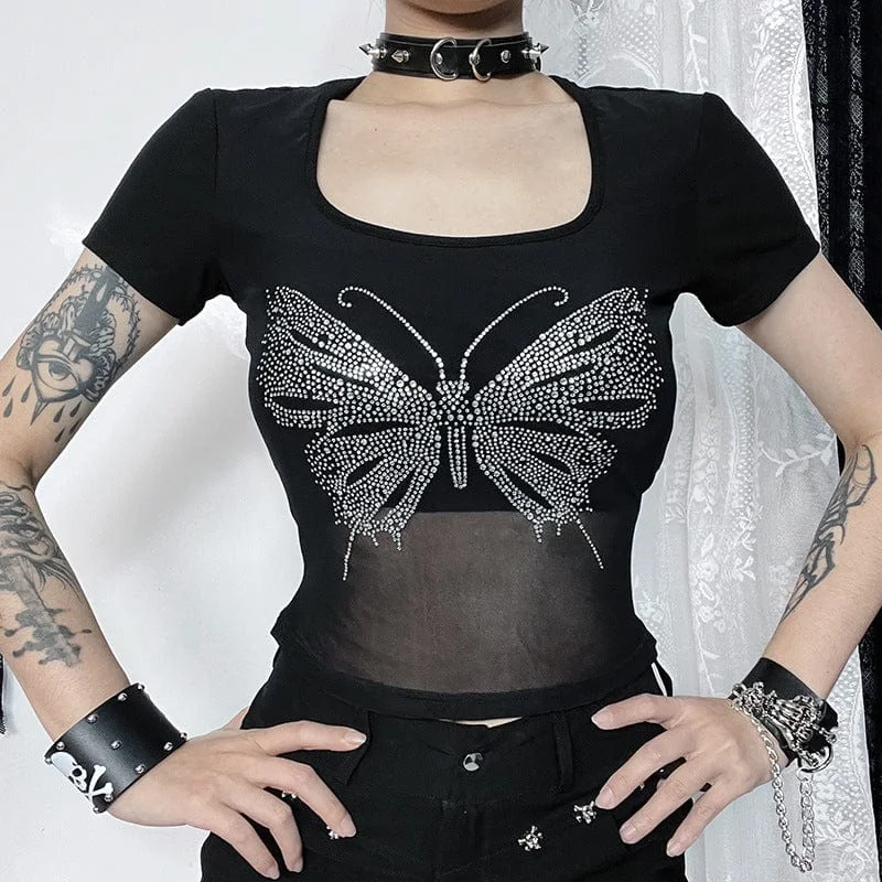 Comfortable Wear Women's Punk Square-cut Collar Butterfly Rhinestone Shirt