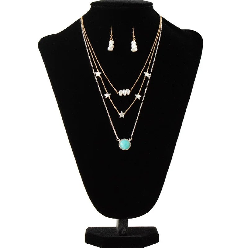 Relaxed Tops Blazin Roxx Stars Stones & Pearls Layered Necklace & Earring Set