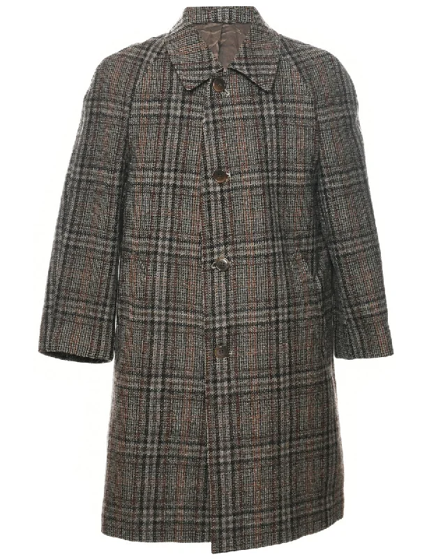 British Style Checked Pattern Wool Coat - M