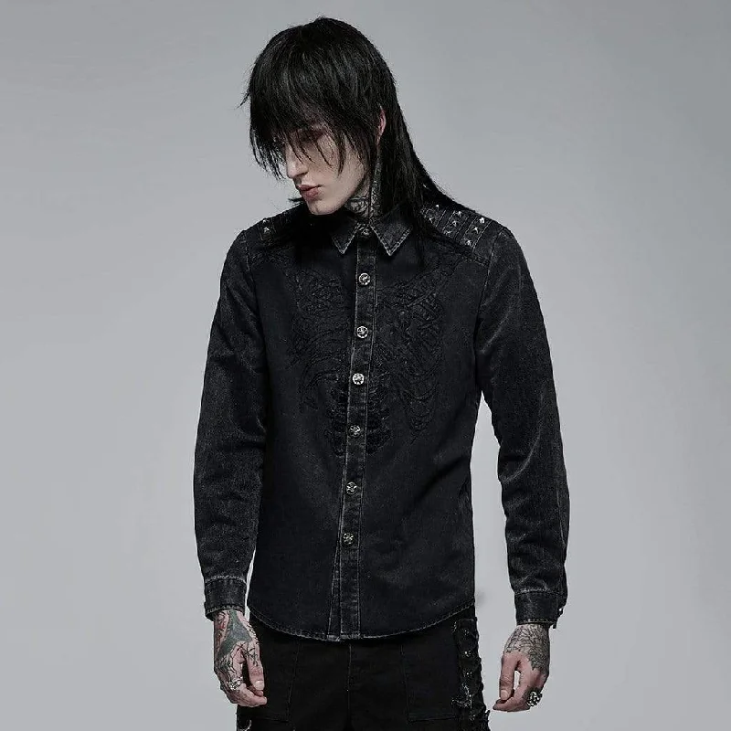 Cozy Street Style Men's Punk Rivet Distressed Denim Shirt
