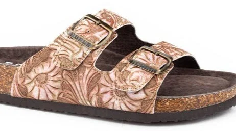 Effortless Looks Roper Women's Delilah Floral Embossed Faux Leather Sandal in Tan