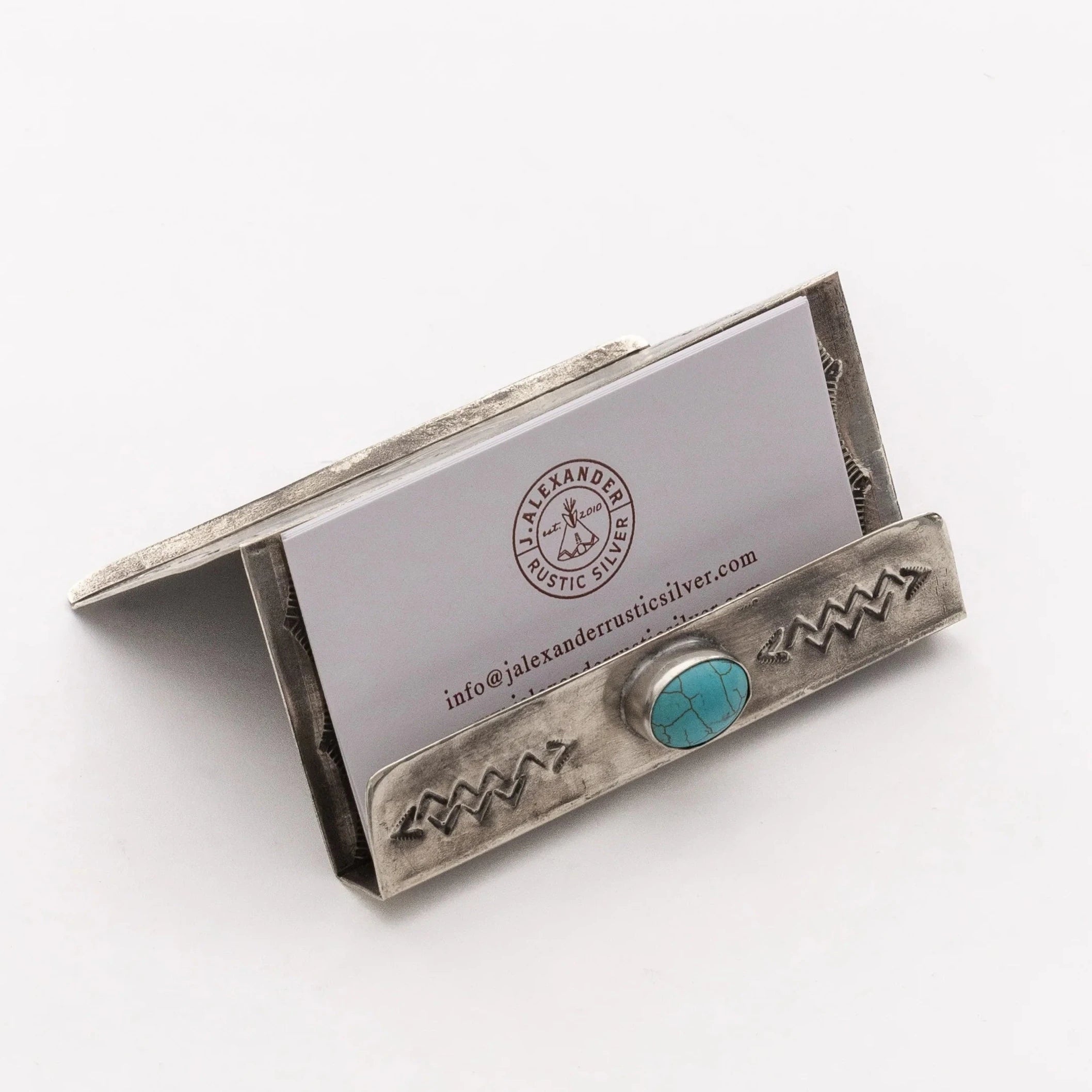 Comfortable Lounge Wear Stamped Silver Business Card Holder With Turquoise By J. Alexander Rustic Silver