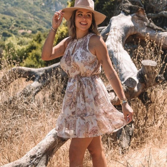 Stylish Fit Women's Sleeveless Floral Paisley Belted Mini Dress in Natural Dusty Rose